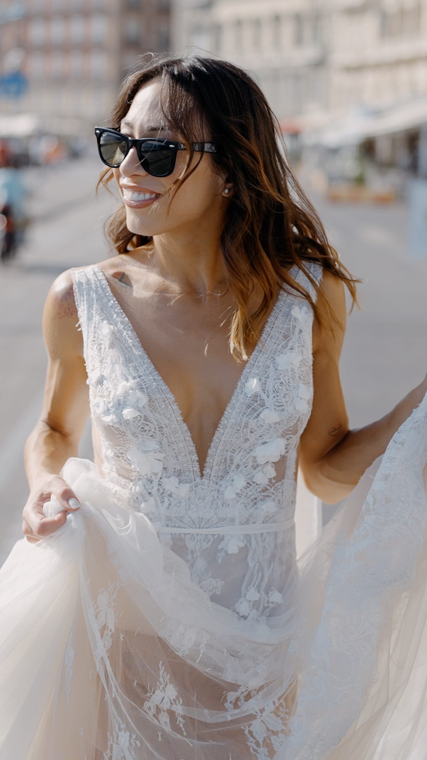 Bridal portrait on a balcony in natural daylight