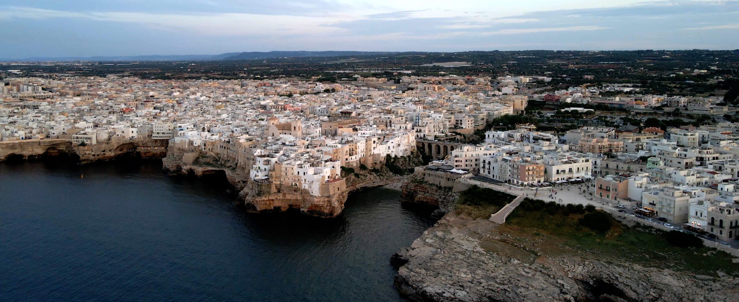 Aerial view of Polignano a Mare and its coastline in Puglia