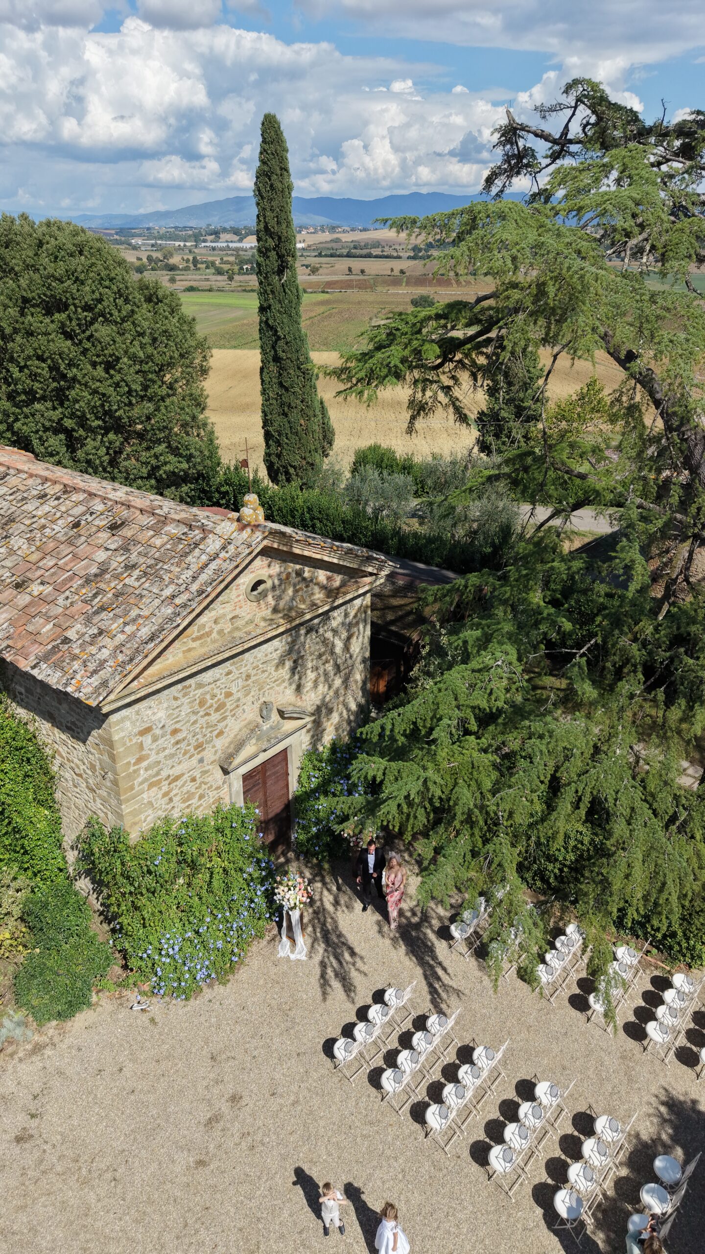 Aerial view of Villa Fabbriche Palma and its Italian garden in Lucignano, Tuscany.