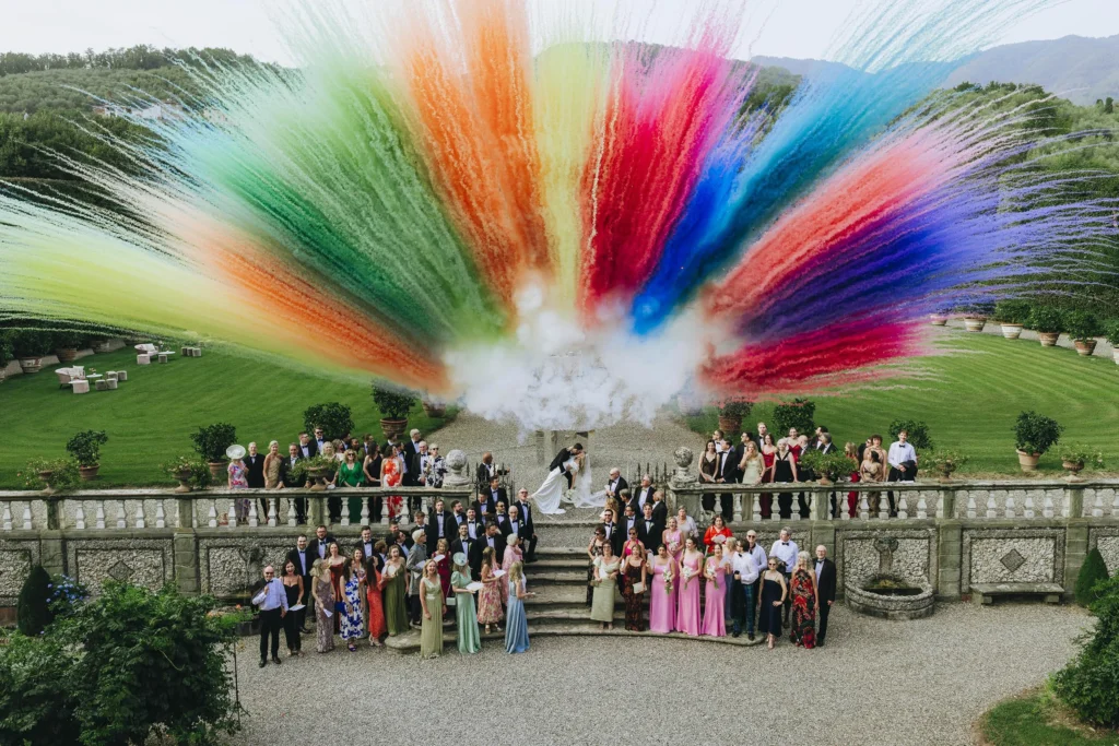 Daytime fireworks during a Villa Grabau wedding