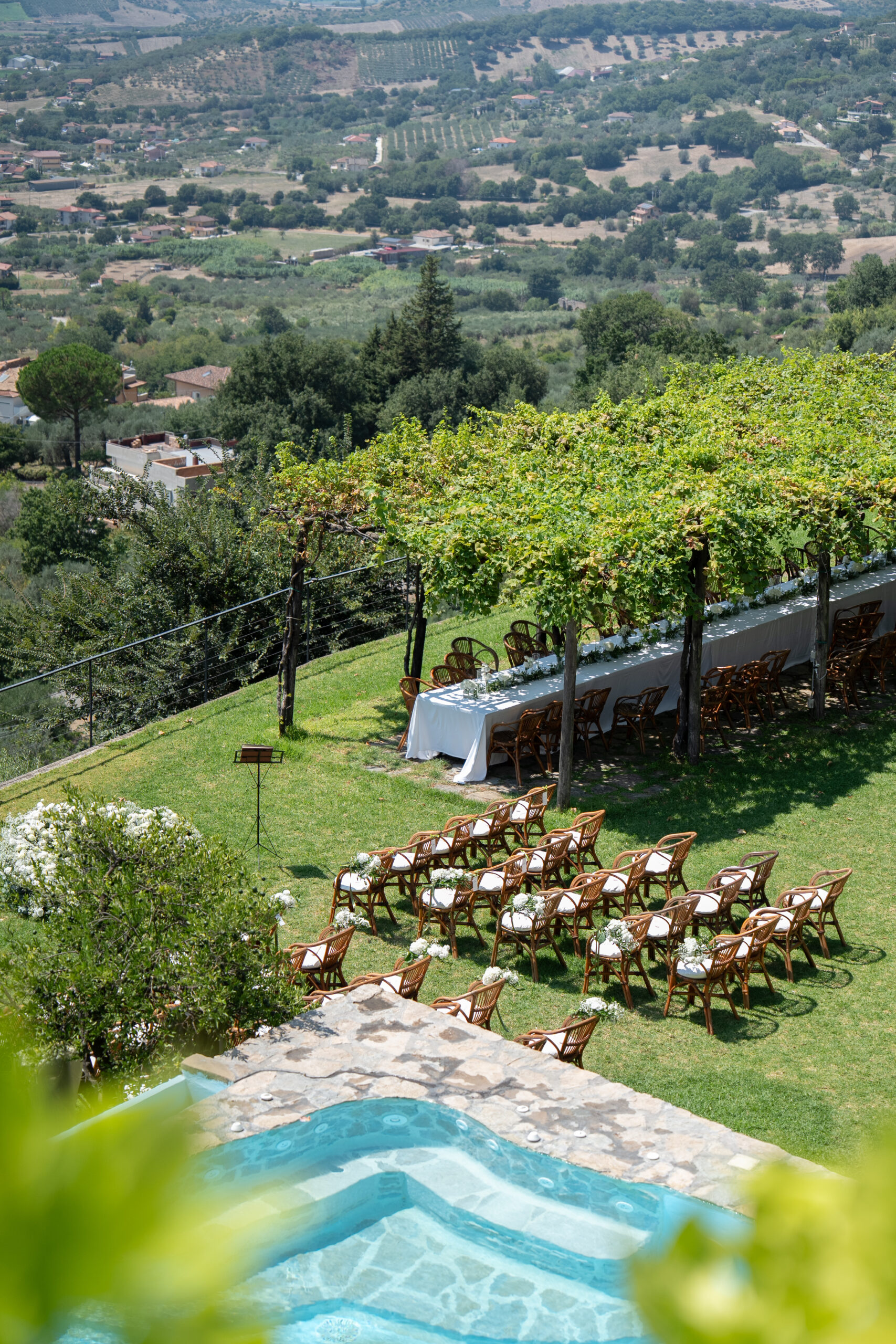 Garden wedding reception at Domus Laeta with views across Cilento