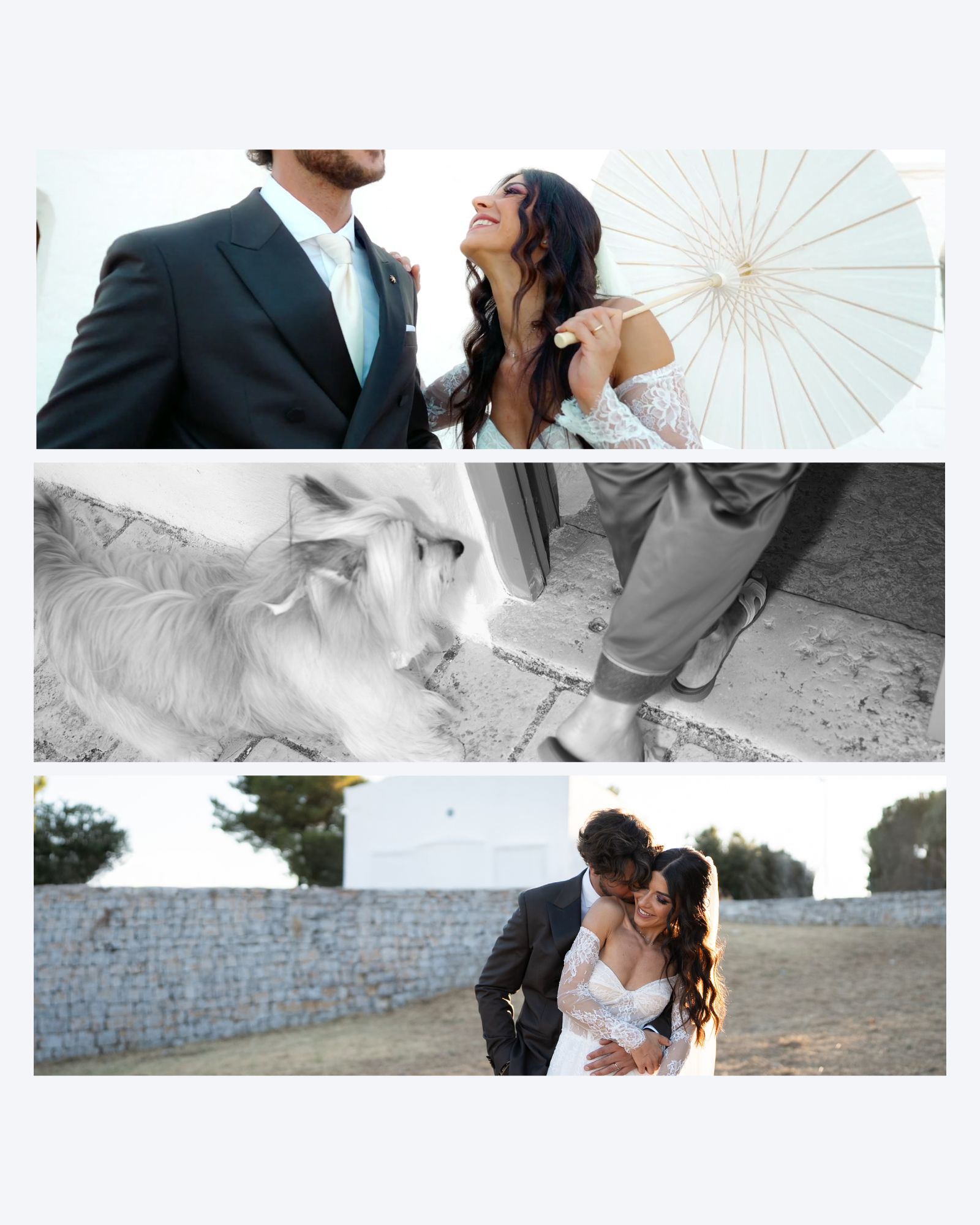 Three frames from Angel and Andrea's wedding at Masseria Capece in Puglia.
