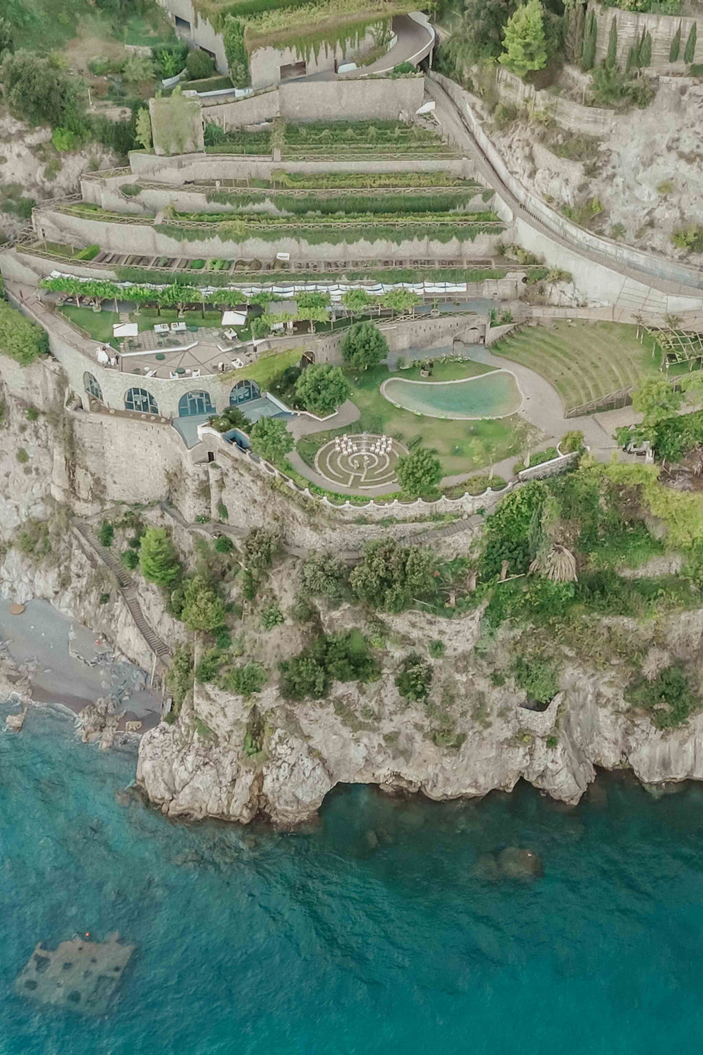 Aerial view of Giardini del Fuenti overlooking the Amalfi Coast