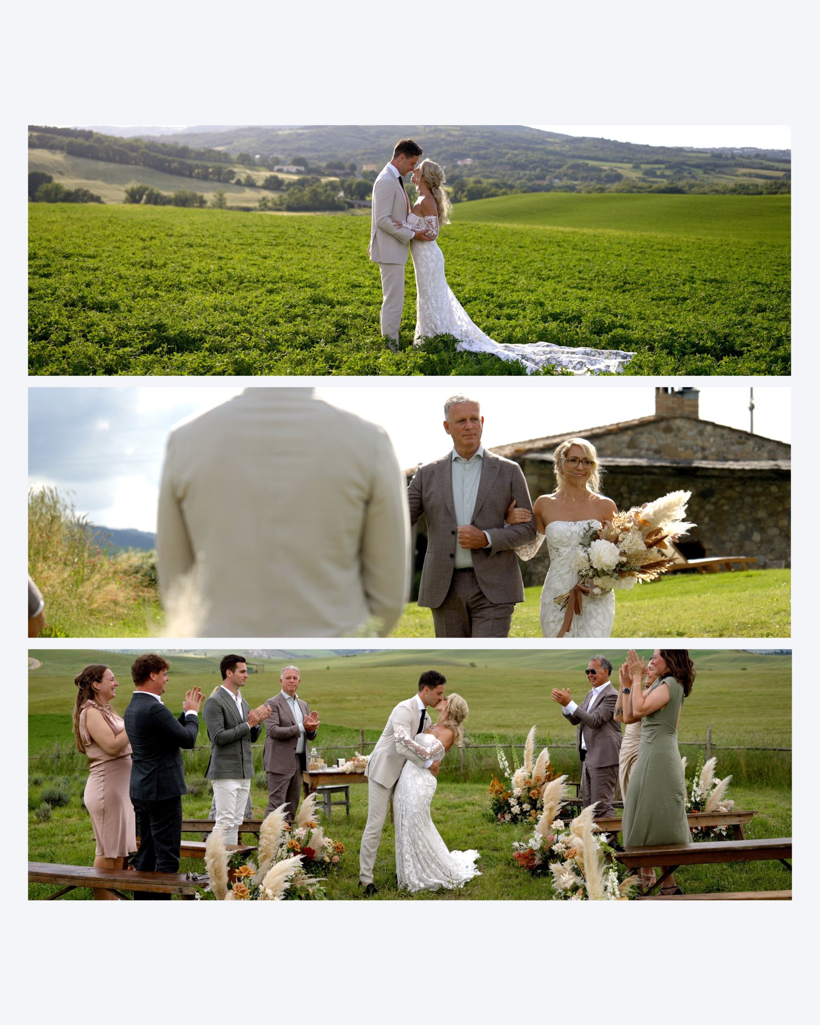 Three frames from Lepatha and Edo's wedding at Locanda in Tuscany, surrounded by the Tuscan hills.