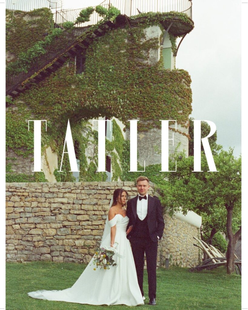 A bride and groom outside their wedding venue, with the Tatler masthead