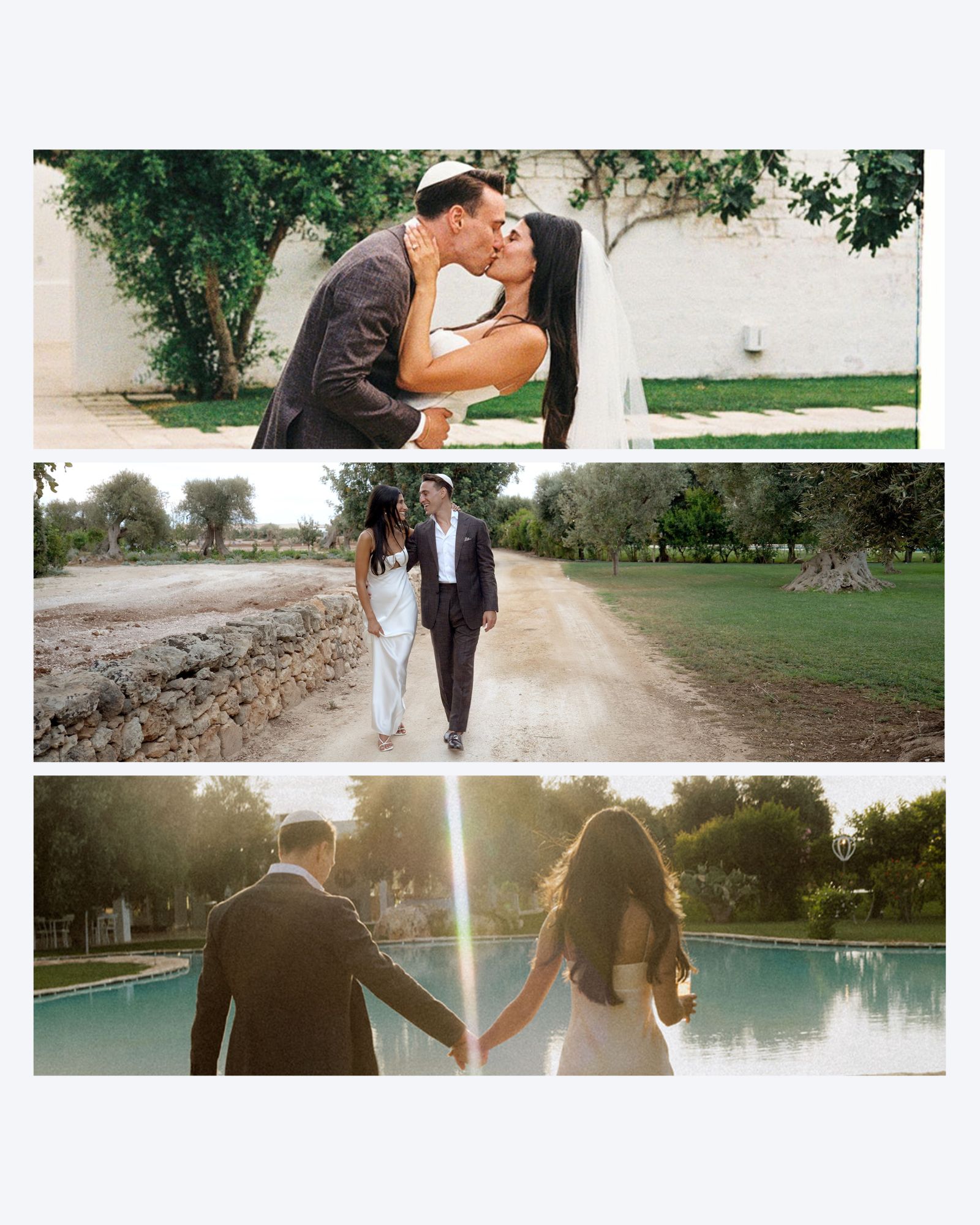 Olivia and Kyle kissing, walking among olive trees and sharing a sunset moment at Masseria Don Luigi in Puglia.