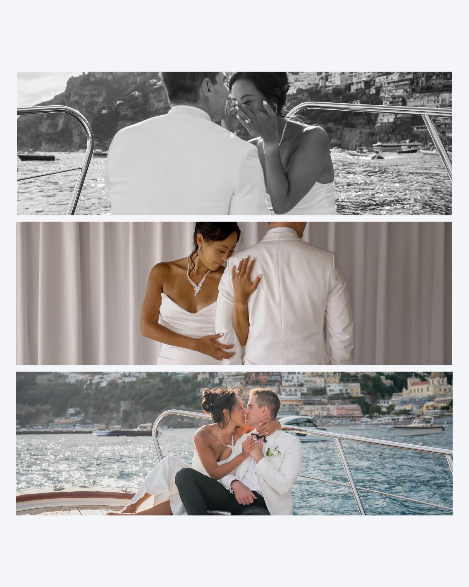 Three frames from Sophia and Brandon's intimate wedding at Villa Oliviero and their boat ride in Positano.