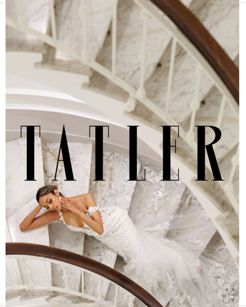 Zeenat on the staircase at Bellevue Syrene, with the Tatler masthead