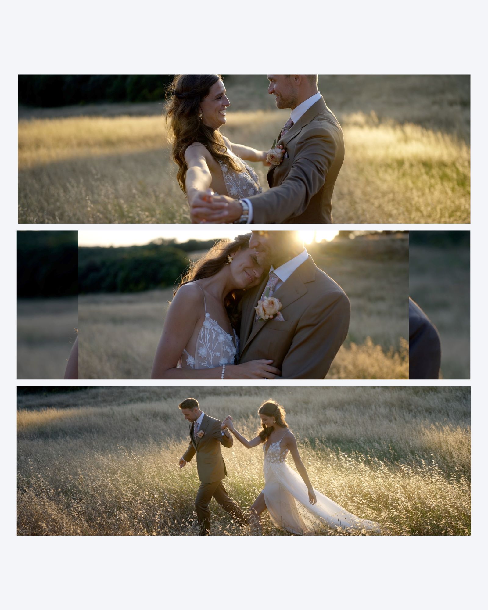 Deborah and Thimo embracing and walking through sunlit fields near Borgo Casabianca in Tuscany.