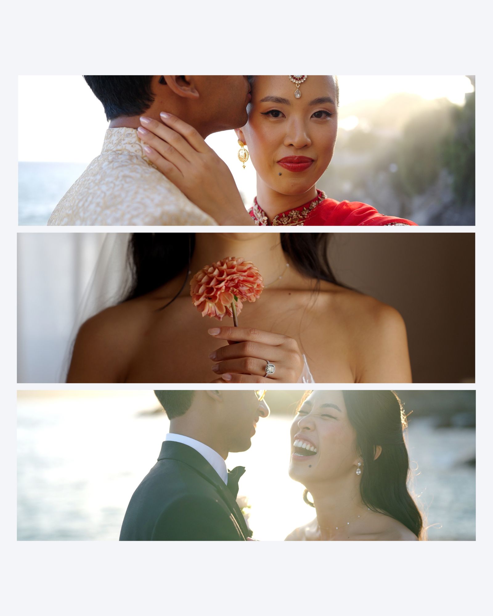Three frames from Gaia and Sheh’s wedding: an embroidered red bridal look, a flower and a laughing moment beside the sea.