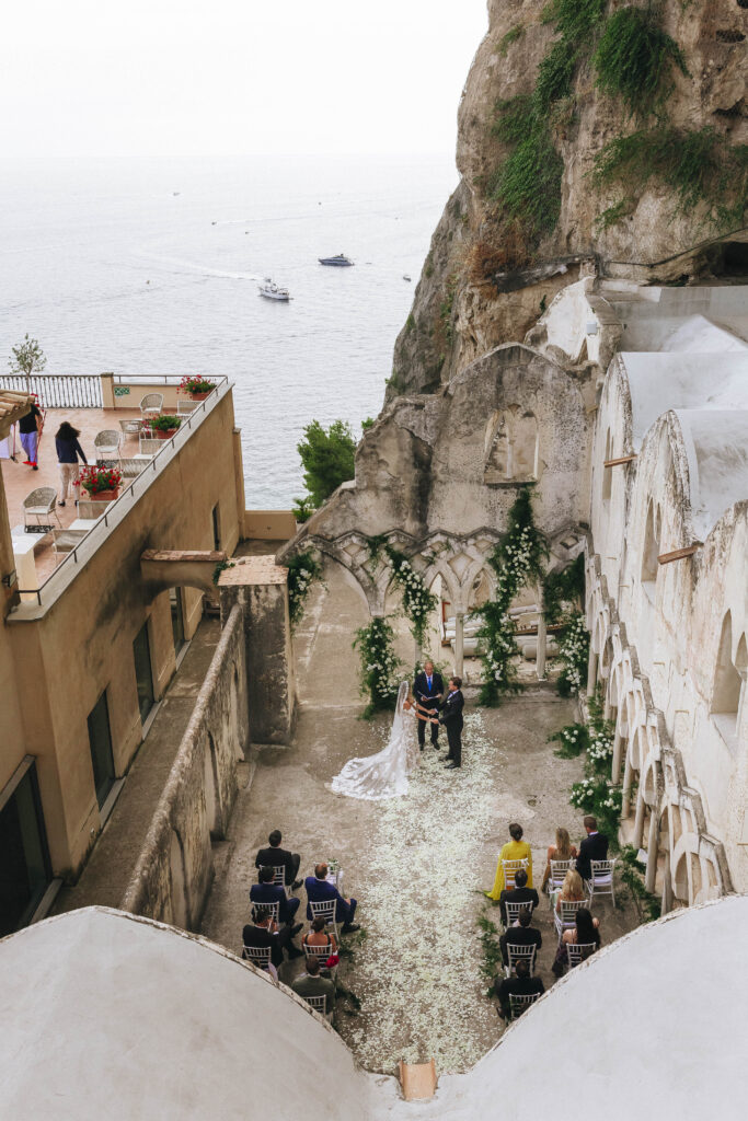 Overhead view of Laura and Koury’s intimate cloister wedding ceremony