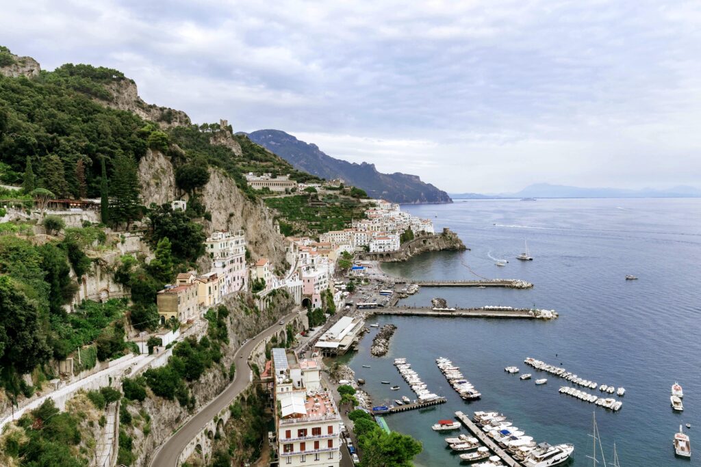 Panoramic view of Amalfi and its harbour from Anantara Convento di Amalfi