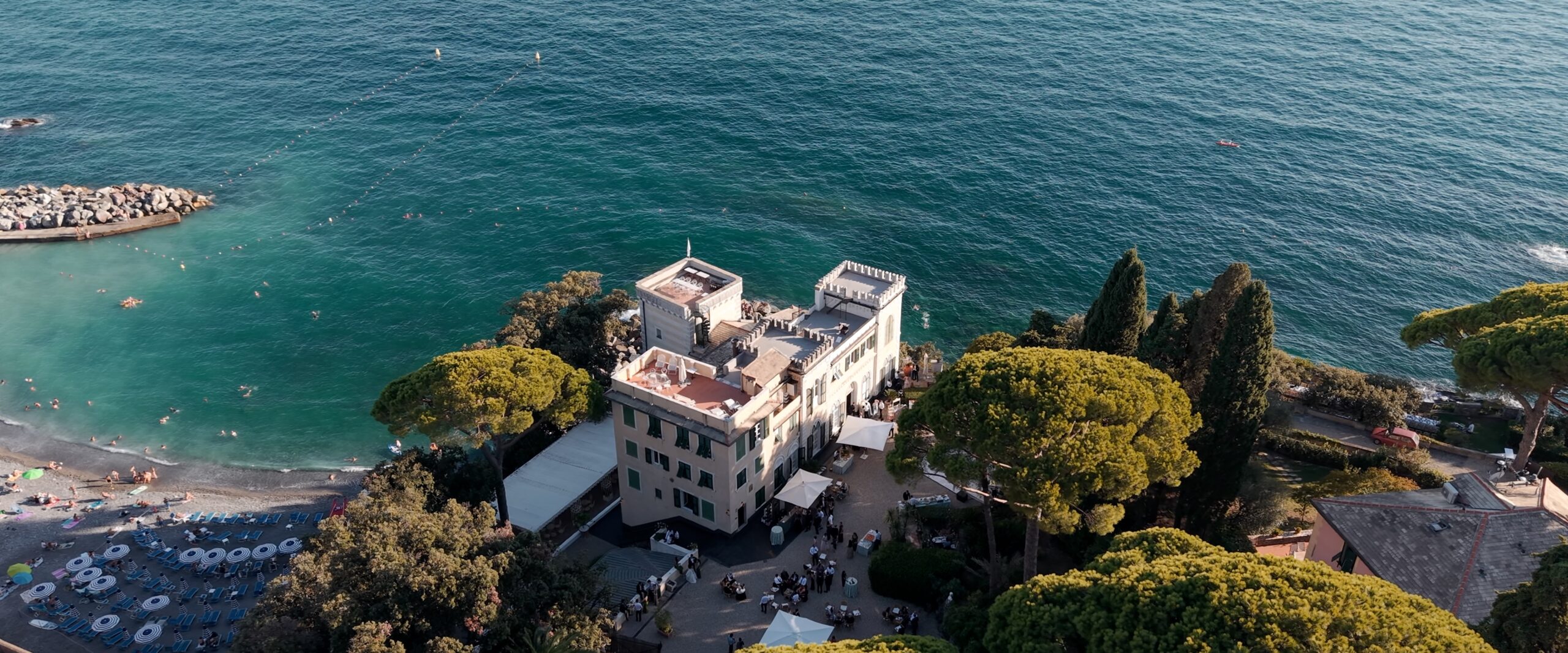 Aerial view of Castello Canevaro overlooking the sea in Zoagli on the Italian Riviera.